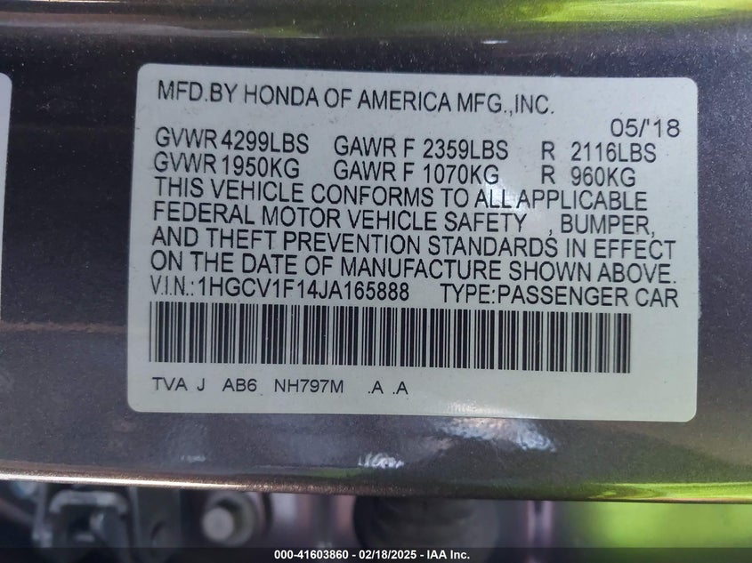 2018 HONDA ACCORD VIN: 1HGCV1F14JA165888