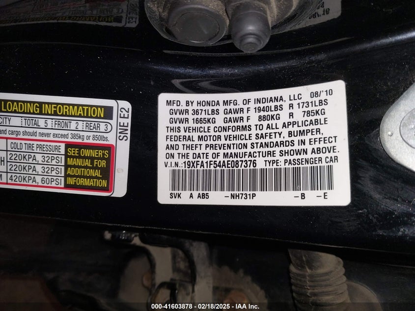 2010 HONDA CIVIC VIN: 19XFA1F54AE087376
