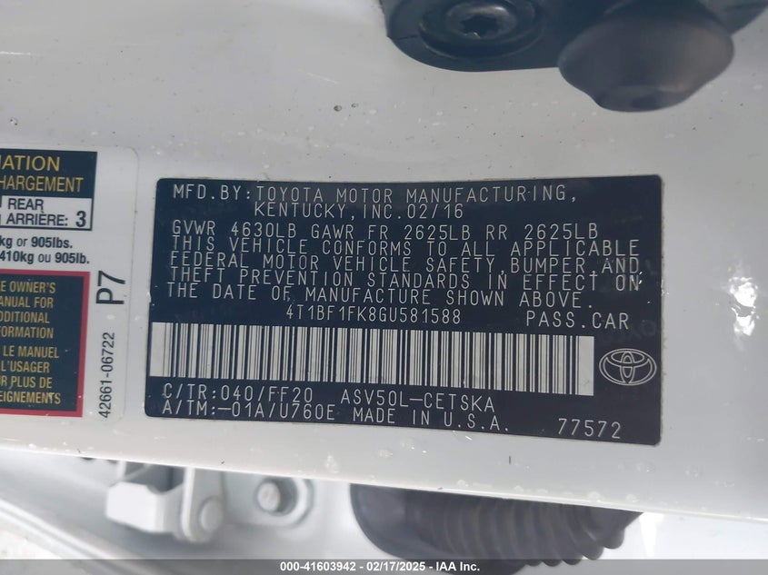 2016 TOYOTA CAMRY VIN: 4T1BF1FK8GU581588