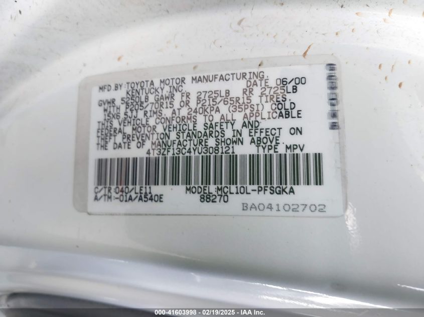 2000 Toyota Sienna Xle VIN: 4T3ZF13C4YU308121 Lot: 41603998