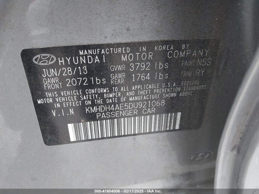 2013 HYUNDAI ELANTRA VIN: KMHDH4AE5DU921068
