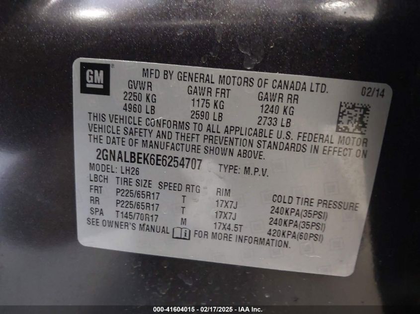 2014 Chevrolet Equinox 1Lt VIN: 2GNALBEK6E6254707 Lot: 41604015