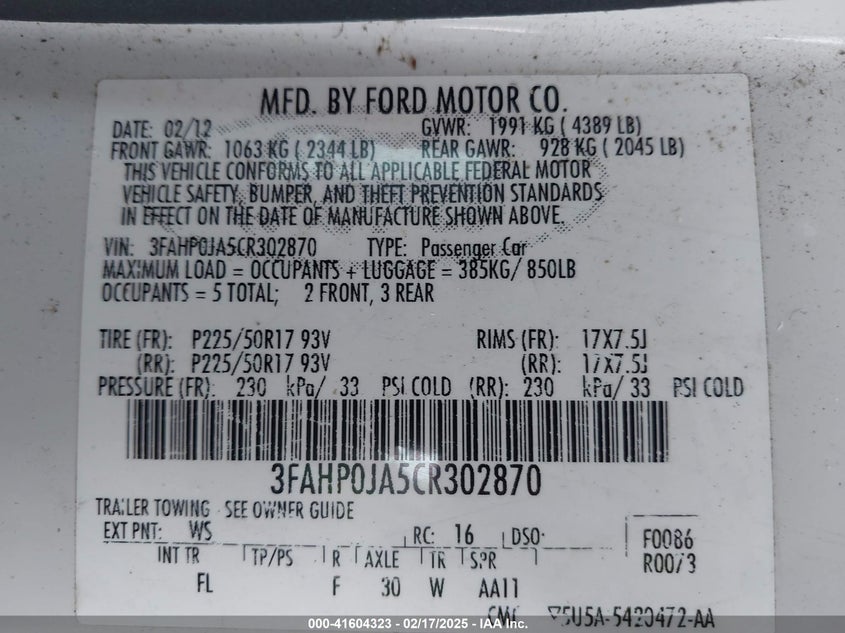 2012 FORD FUSION VIN: 3FAHP0JA5CR302870