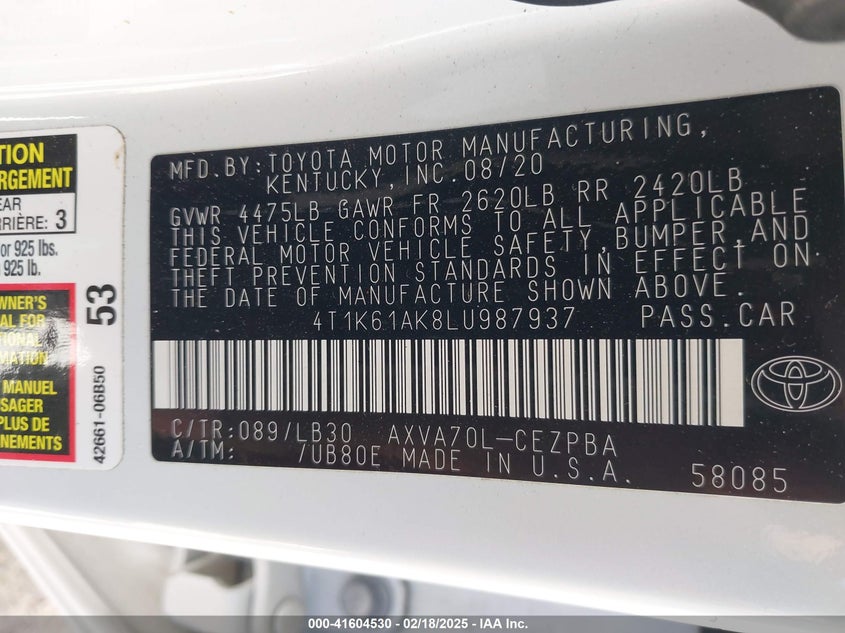 2020 TOYOTA CAMRY XSE - 4T1K61AK8LU987937