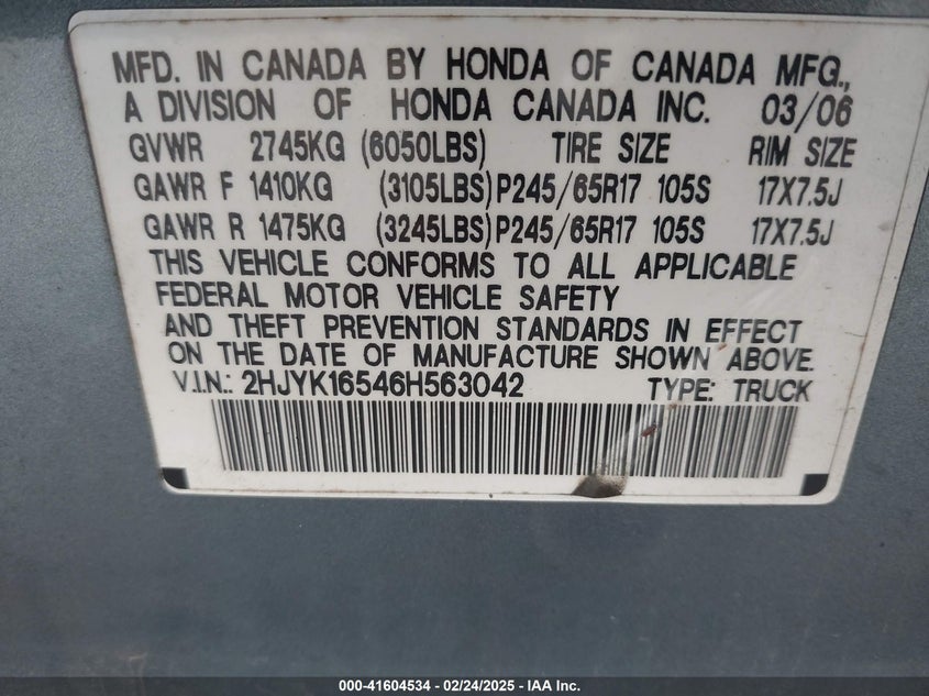 2006 Honda Ridgeline Rtl VIN: 2HJYK16546H563042 Lot: 41604534