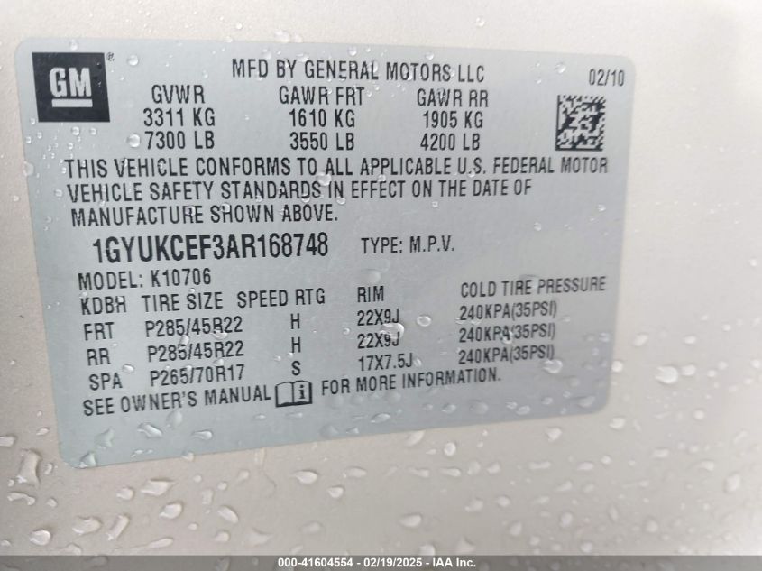 2010 Cadillac Escalade Premium VIN: 1GYUKCEF3AR168748 Lot: 41604554