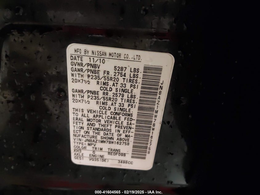 2011 Nissan Murano Le VIN: JN8AZ1MW7BW162758 Lot: 41604565