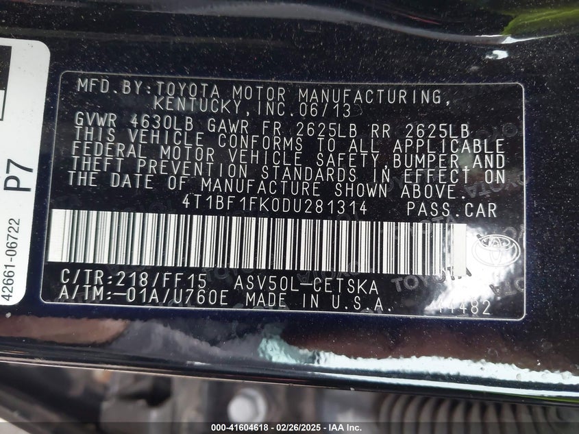 2013 TOYOTA CAMRY VIN: 4T1BF1FK0DU281314