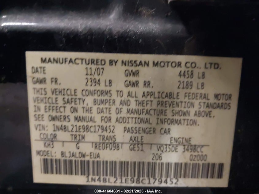 2008 NISSAN ALTIMA VIN: 1N4BL21E98C179452