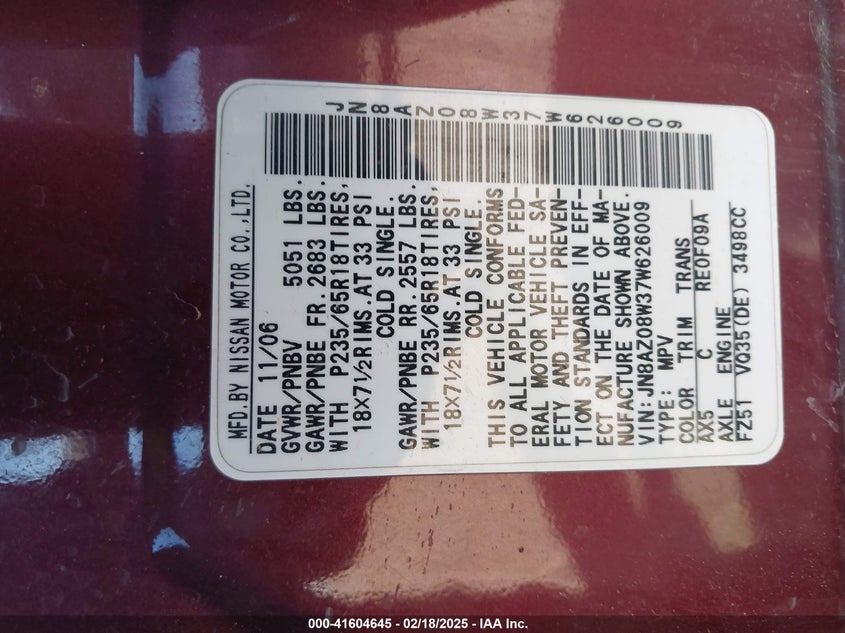 2007 Nissan Murano VIN: JNBAZ08W37W626009 Lot: 41604645