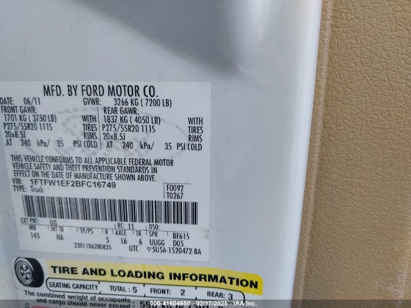 2011 Ford F-150 Lariat VIN: 1FTFW1EF2BFC16749 Lot: 41604650