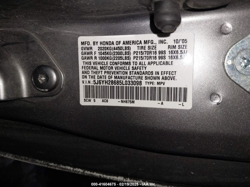 2005 Honda Element Ex VIN: 5J6YH28685L033098 Lot: 41604675