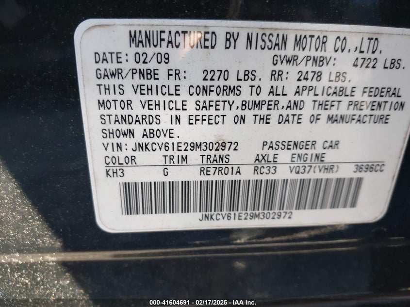2009 INFINITI G37 VIN: JNKCV61E29M302972