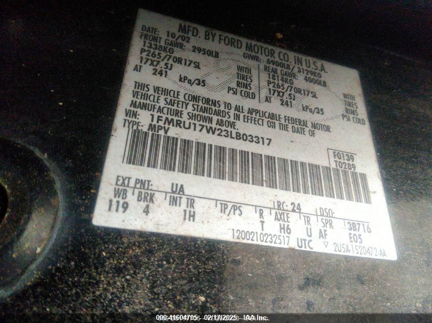 2003 Ford Expedition Eddie Bauer VIN: 1FMRU17W23LB03317 Lot: 41604705