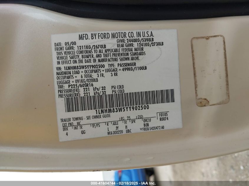 2000 Lincoln Town Car Cartier VIN: 1LNHM83W5YY902500 Lot: 41604744