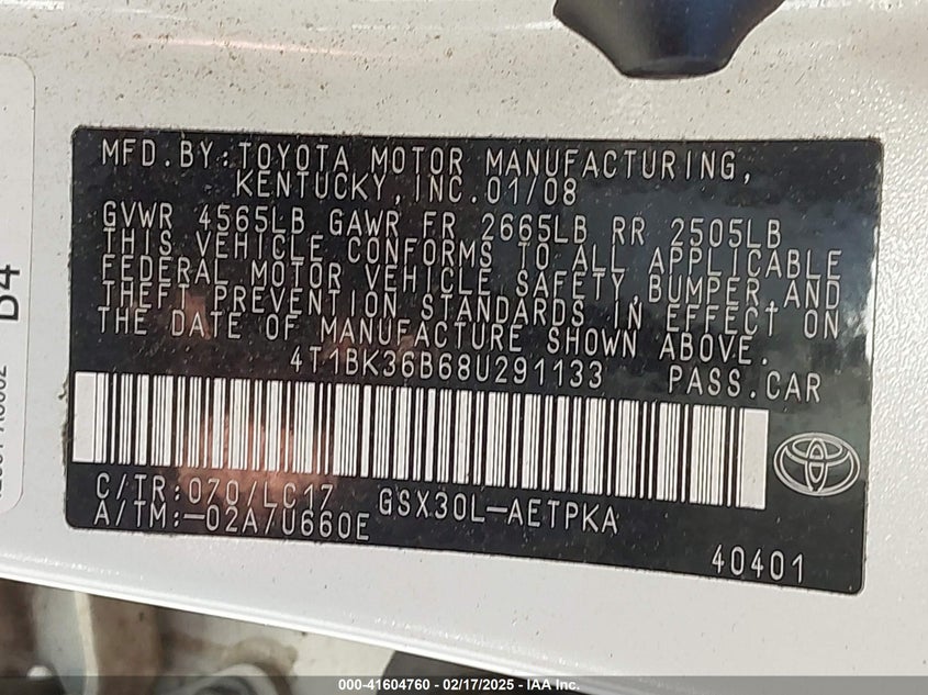 2008 TOYOTA AVALON VIN: 4T1BK36B68U291133