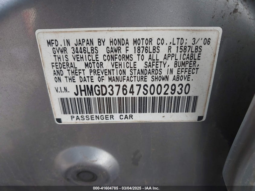 2007 HONDA FIT VIN: JHMGD37647S002930