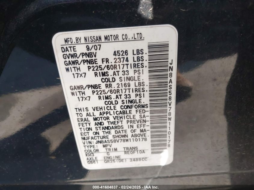 2008 Nissan Rogue Sl VIN: JN8AS58V78W110178 Lot: 41604837