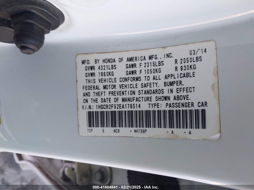 2014 HONDA ACCORD VIN: 1HGCR2F52EA178514