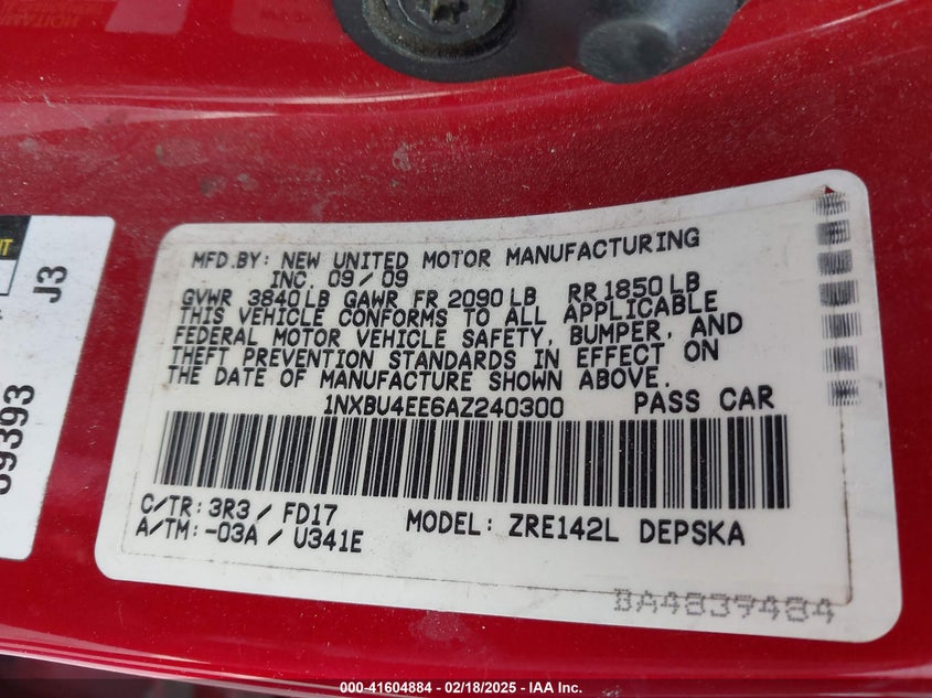 2010 TOYOTA COROLLA VIN: 1NXBU4EE6AZ240300