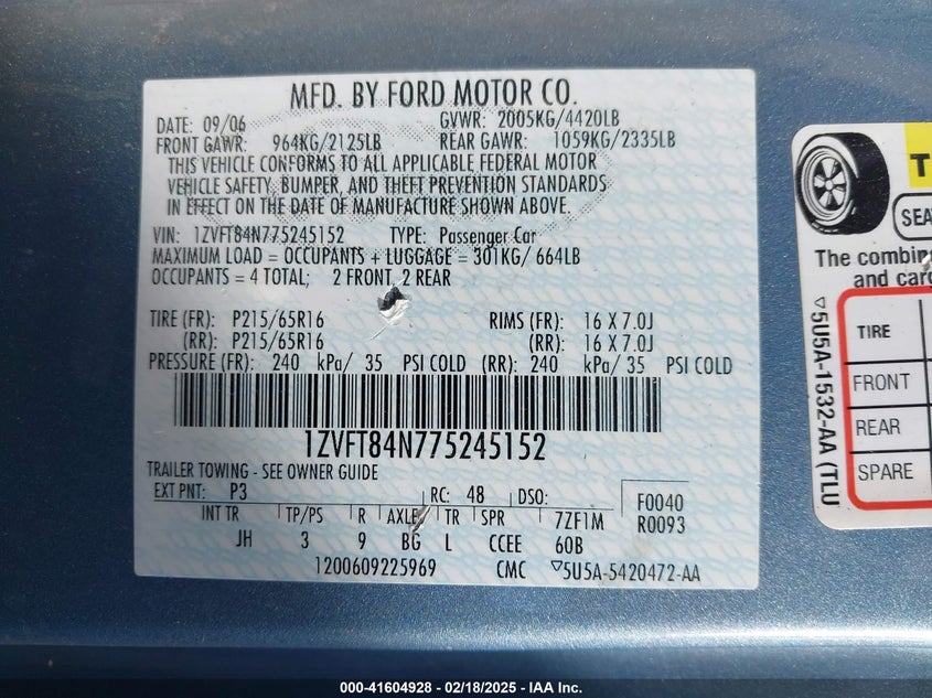 2007 FORD MUSTANG VIN: 1ZVFT84N775245152