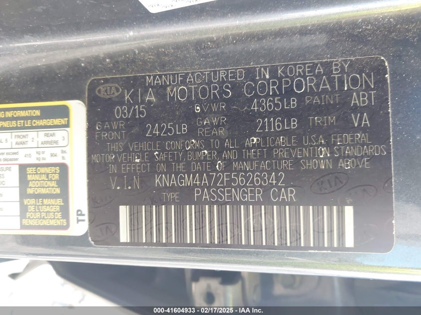 2015 KIA OPTIMA VIN: KNAGM4A72F5626342