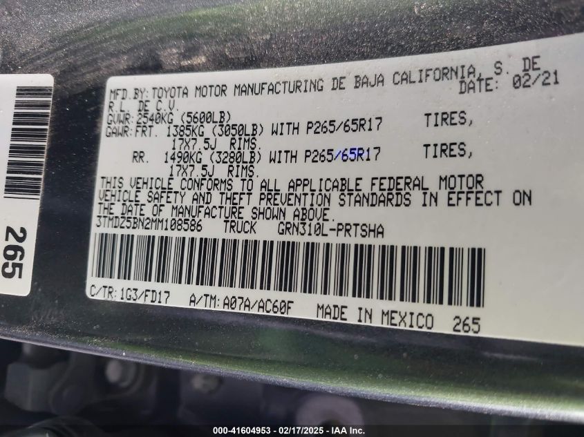 2021 Toyota Tacoma Sr5 V6/Trd Off-Road/Trd Sport VIN: 3TMDZ5BN2MM10858 Lot: 41604953