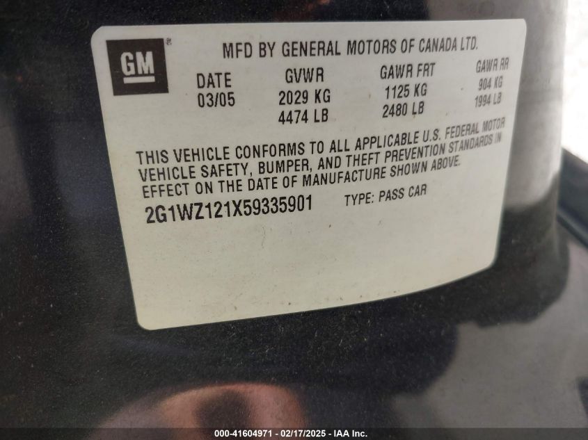 2005 Chevrolet Monte Carlo Supercharged Ss VIN: 2G1WZ121X59335901 Lot: 41604971