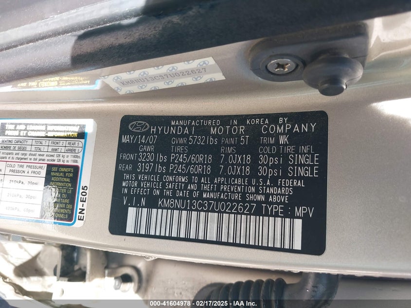 2007 Hyundai Veracruz Gls/Limited/Se VIN: KM8NU13C37U022627 Lot: 41604978