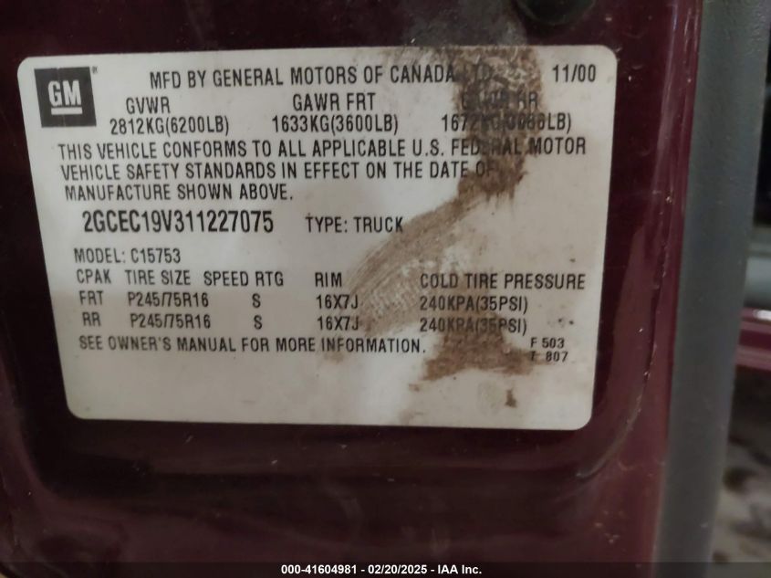 2001 Chevrolet Silverado 1500 Ls VIN: 2GCEC19V311227075 Lot: 41604981