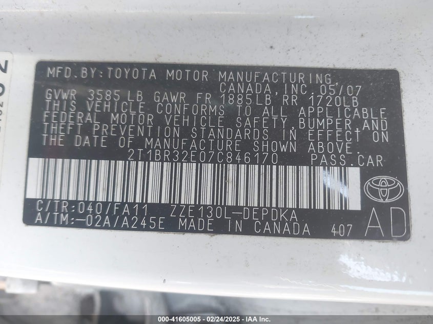 2007 TOYOTA COROLLA VIN: 2T1BR32E07C846170
