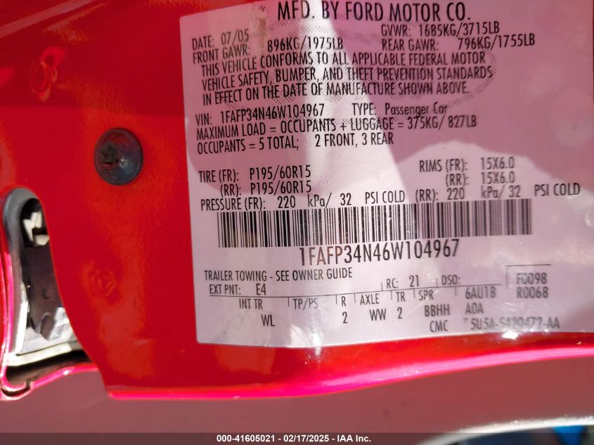 2006 Ford Focus Zx4 VIN: 1FAFP34N46W104967 Lot: 41605021
