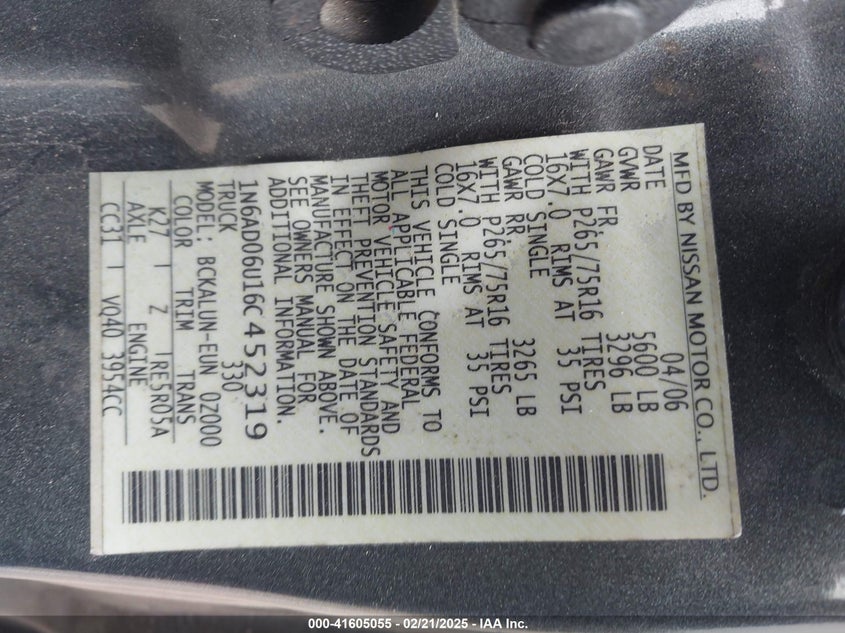 2006 NISSAN FRONTIER VIN: 1N6AD06U16C452319