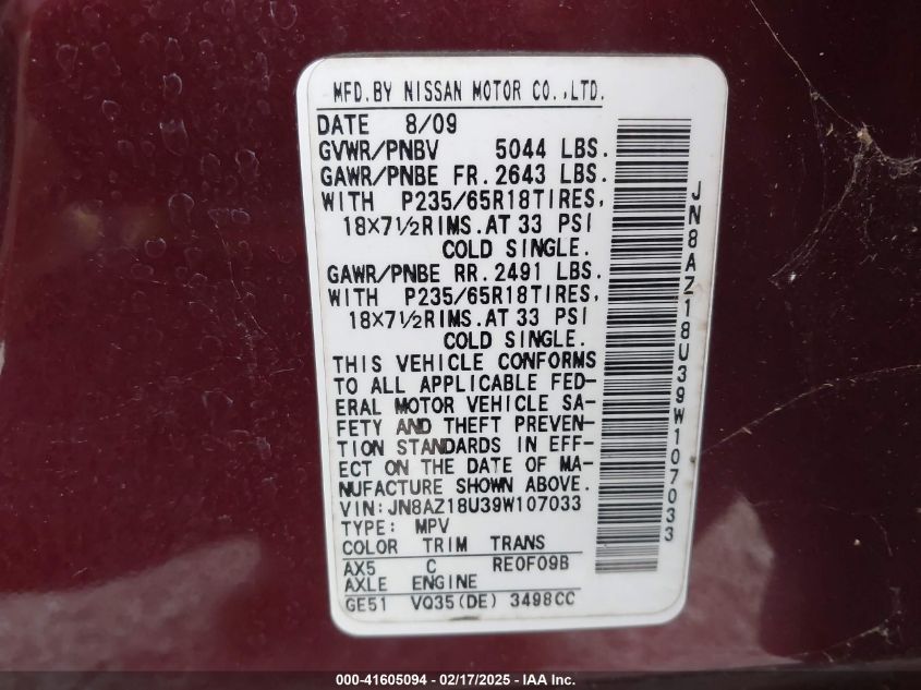 2009 Nissan Murano Sl VIN: JN8AZ18U39W107033 Lot: 41605094