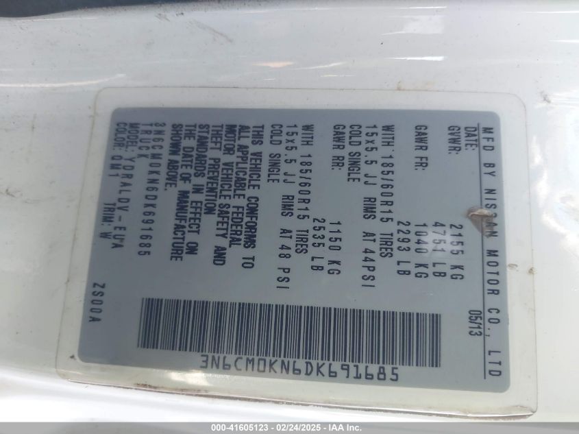 2013 Nissan Nv200 S VIN: 3N6CM0KN6DK691685 Lot: 41605123