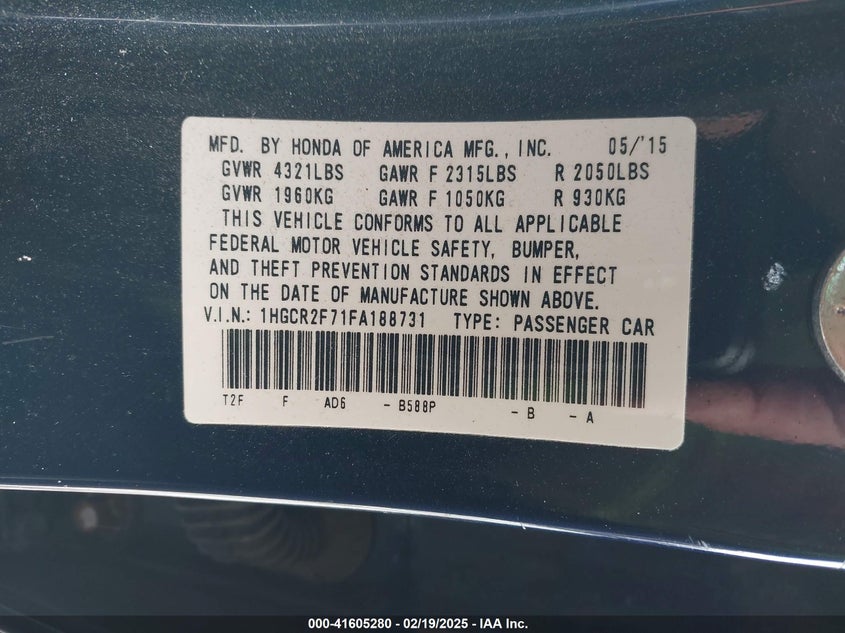2015 HONDA ACCORD VIN: 1HGCR2F71FA188731