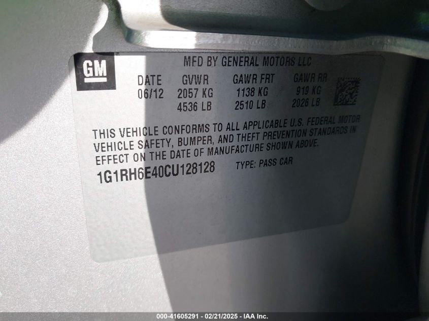 2012 Chevrolet Volt VIN: 1G1RH6E40CU128128 Lot: 41605291