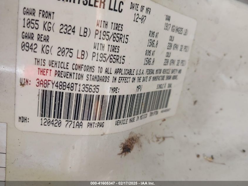 2008 Chrysler Pt Cruiser Lx VIN: 3A8FY48B48T135635 Lot: 41605347