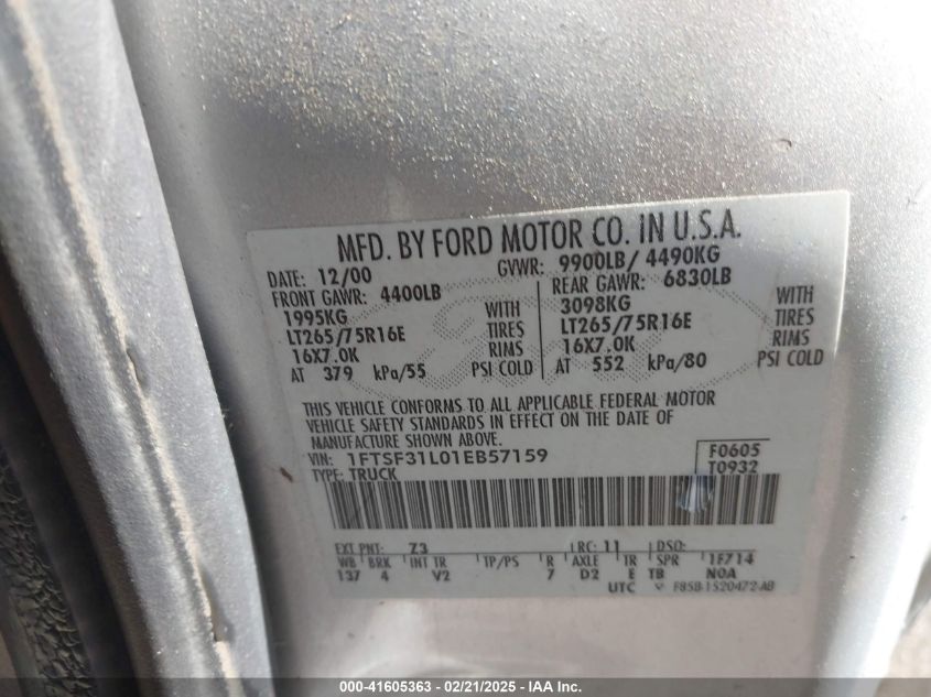 2001 Ford F-350 Xl/Xlt VIN: 1FTSF31L01EB57159 Lot: 41605363