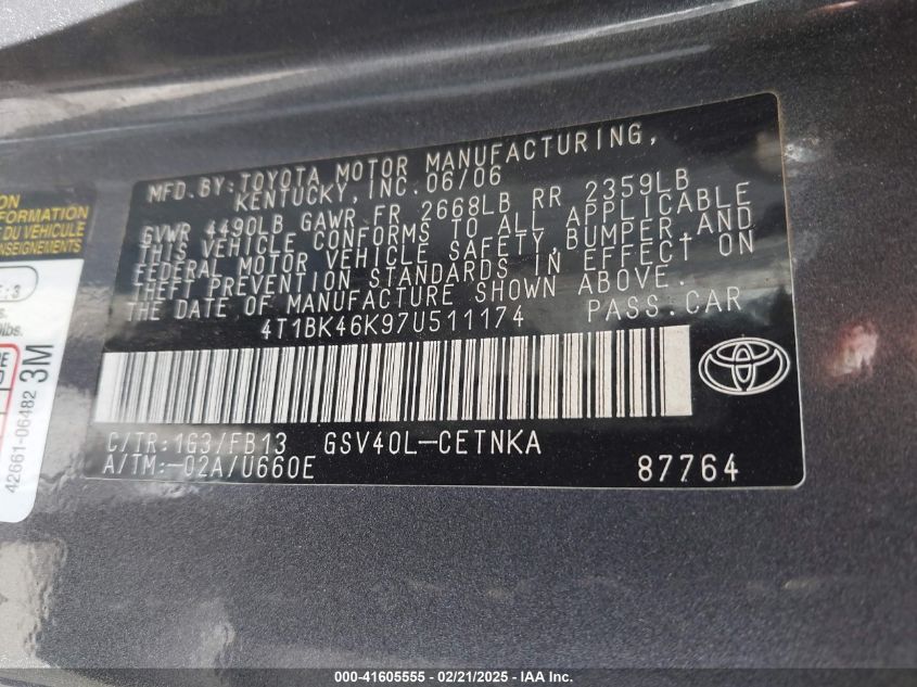 2007 Toyota Camry Le V6 VIN: 4T1BK46K97U511174 Lot: 41605555