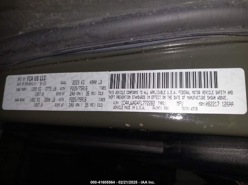 2015 Jeep Wrangler Sport VIN: 1C4AJWAG4FL772282 Lot: 41605564