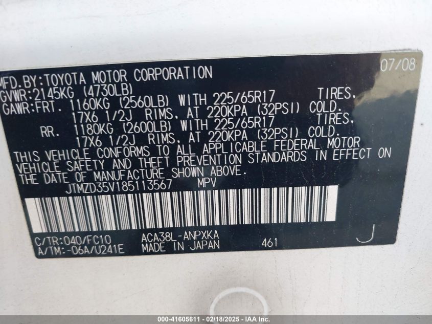 2008 Toyota Rav4 VIN: JTMZD35V185113567 Lot: 41605611