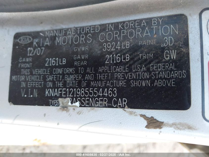 2008 Kia Spectra Ex VIN: KNAFE121985554463 Lot: 41605635