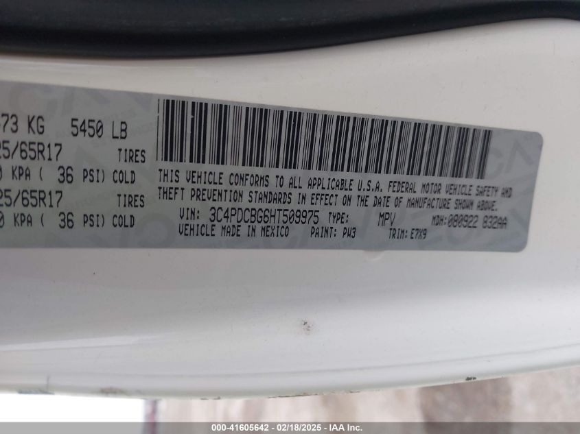 2017 Dodge Journey VIN: 3C4BDCBG6HT509975 Lot: 41605642