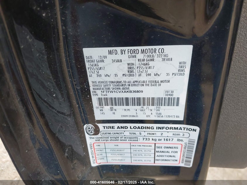 2010 FORD F-150 VIN: 1FTFW1CVXAKB36809