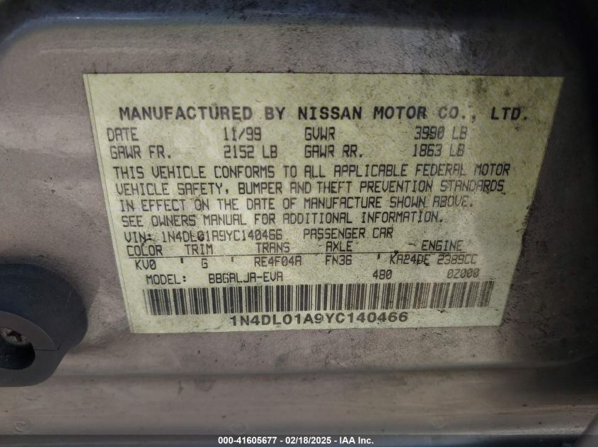 2000 Nissan Altima VIN: 1N40L01A9YC14D466 Lot: 41605677