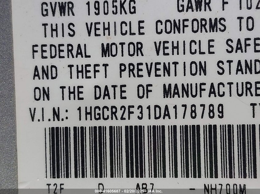 2013 HONDA ACCORD VIN: 1HGCR2F31DA178789