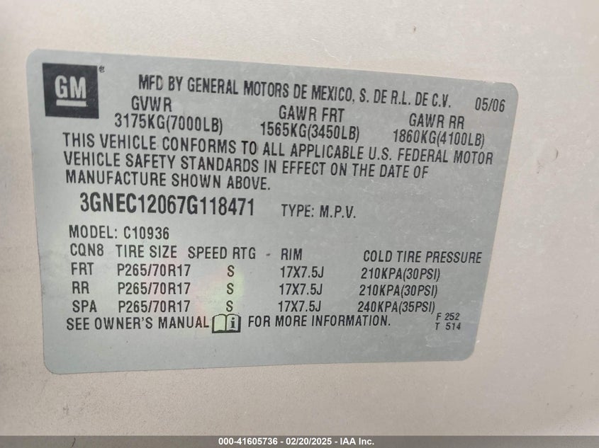 2007 CHEVROLET AVALANCHE 1500 VIN: 3GNEC12067G118471