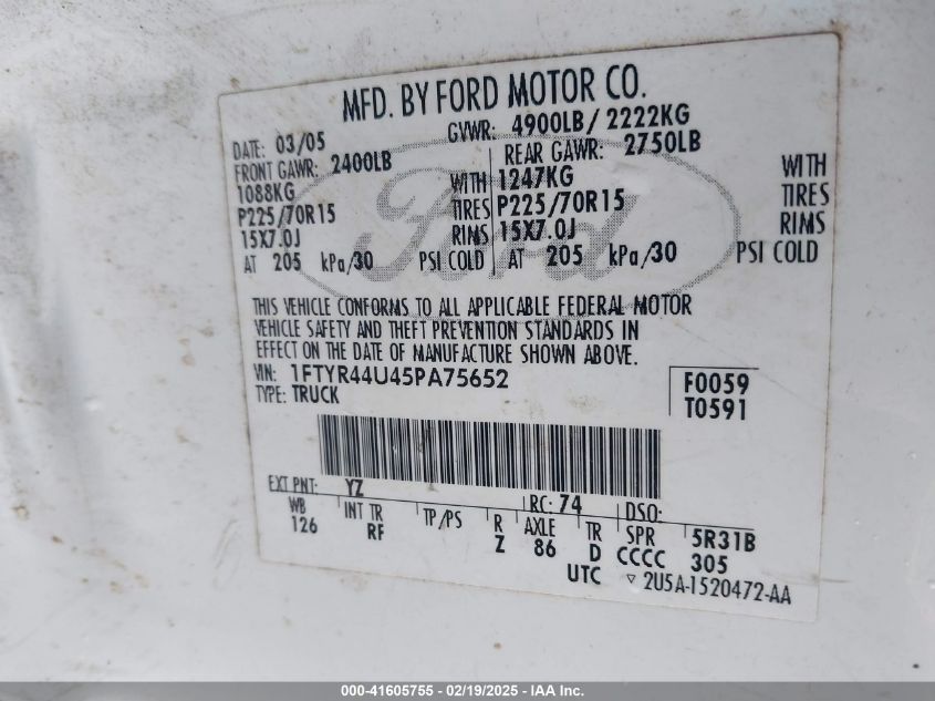 2005 Ford Ranger Edge/Stx/Xlt VIN: 1FTYR44U45PA75652 Lot: 41605755