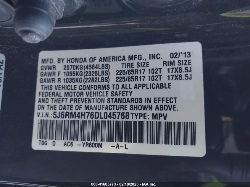 2013 Honda Cr-V Ex-L VIN: 5J6RM4H76DL045768 Lot: 41605773